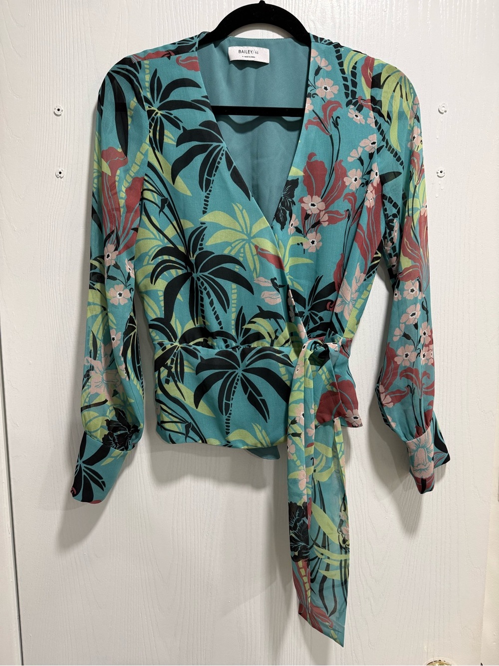 Bailey 44 Teal Floral Wrap Blouse with Coral Accents